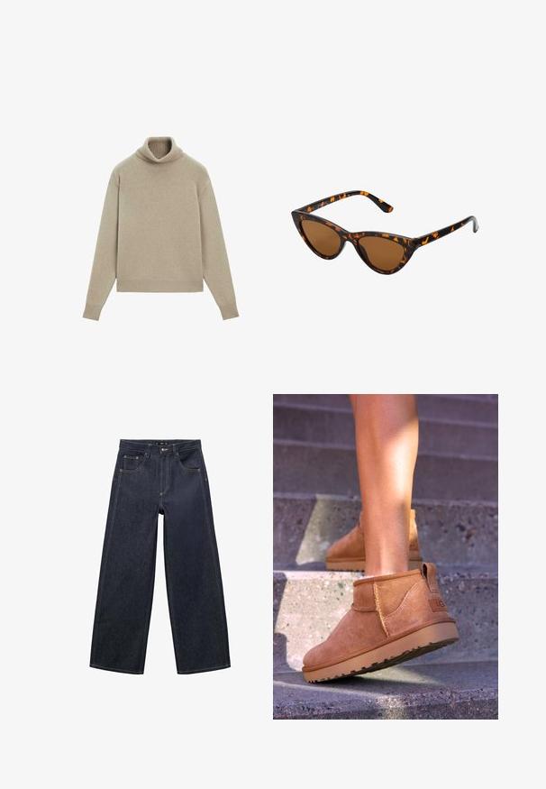 Beige coltrui gemaakt van zacht materiaal, met een geribbelde kraag en boorden, comfortabele pasvorm en lange mouwen. Gladde textuur, minimalistisch ontwerp.; Donkerblauwe brede jeans gemaakt van denim stof. Heeft een ritssluiting, een knoopsluiting en contrasterende stiksels langs de naden.; Tamme suède enkelboots met een zachte textuur, gestikte details en een rubberen zool, met een lusvormige hak voor gemakkelijk aan- en uittrekken.; Cat-eye zonnebril met een zwart en oranje schildpadframe, bruine lenzen en slanke, puntige uiteinden. Bevat een minimalistisch logo op de poot.