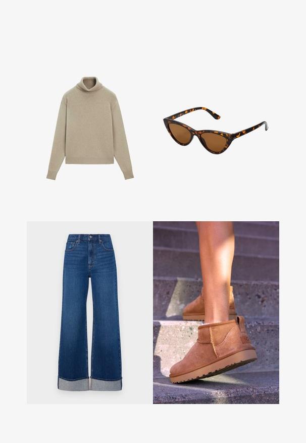 Beżowy sweter z golfem, wykonany z miękkiej tkaniny, z prążkowanym kołnierzem i mankietami, luźny krój oraz długie rękawy. Gładka tekstura, minimalistyczny design.; Abercrombie & Fitch - Jeansy Relaxed Fit; Brązowe zamszowe botki za kostkę o miękkiej teksturze, z przeszyciami i gumową podeszwą, wyposażone w pętelkę na pięcie dla łatwego zakładania.; Okulary przeciwsłoneczne w kształcie kocich oczu z czarno-pomarańczową oprawą w deseń żółwia, brązowymi soczewkami i eleganckimi, spiczastymi końcówkami. Posiadają minimalistyczne logo na zauszniku.