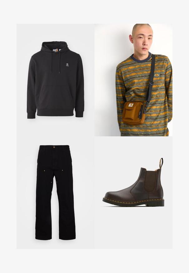 Černá mikina s kapucí vyrobená z bavlněné směsi, s přední kapsou, stahovací šňůrkou na kapuci, pružnými manžetami a lemem, a s malou nášivkou loga na hrudi.; Černé džíny s rovnými nohavicemi, s akcenty zlatého kovu a viditelným švem na předních i zadních kapsách.; Hnědé kožené Chelsea boty s elastickými bočními panely, texturovaným podpatkem a kontrastním žlutým prošíváním. Mají poutko pro snadné obouvání.; Hnědá látková kros-body taška se zipem a přední kapsou; nošená přes šedou a oranžovou pruhovanou košili s dlouhým rukávem a logem.