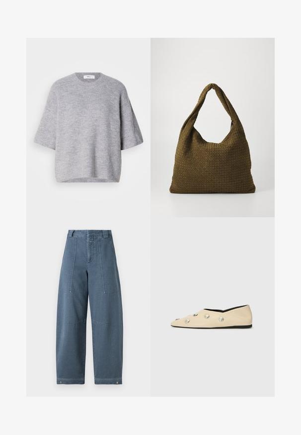 Svetlo siva kratkosleeve pulover iz volnenega materiala z okroglo ovratnico in rebrastim robom, prikazan na belem ozadju.; Jeans širokih nogavic v svetlo modri barvi, z teksturirano površino, dvema sprednjima žepoma in trpežnim šivom na robu.; CLOSED Balerinke - ecru; Tkaninska torba iz olivno zelene barve z prostornim, okroglim oblikovanjem in enim podolgovatim ročajem za nošenje. Teksturirana površina.