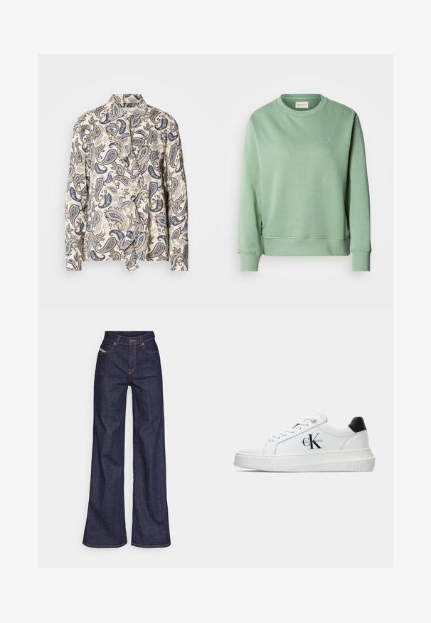 Miętowa bluza z okrągłym dekoltem, długimi rękawami, ściągaczami przy mankietach i u dołu. Posiada małe haftowane logo na piersi.; Bluzka w wzory z motywem paisley w kolorach granatowym, beżowym i jasnoniebieskim, wykonana z lekkiej tkaniny, z krytym zapięciem na guziki i kołnierzykiem.; Ciemnoniebieskie dżinsy szerokie w nogawkach wykonane z denimu, z wysokim stanem, z pomarańczowymi przeszyciami, pięcioma kieszeniami i zapięciem na guzik.; Białe sneakersy typu low-top z czarnym paskiem na pięcie, platformą, sznurowadłami i logo "CK" marki Calvin Klein na boku.