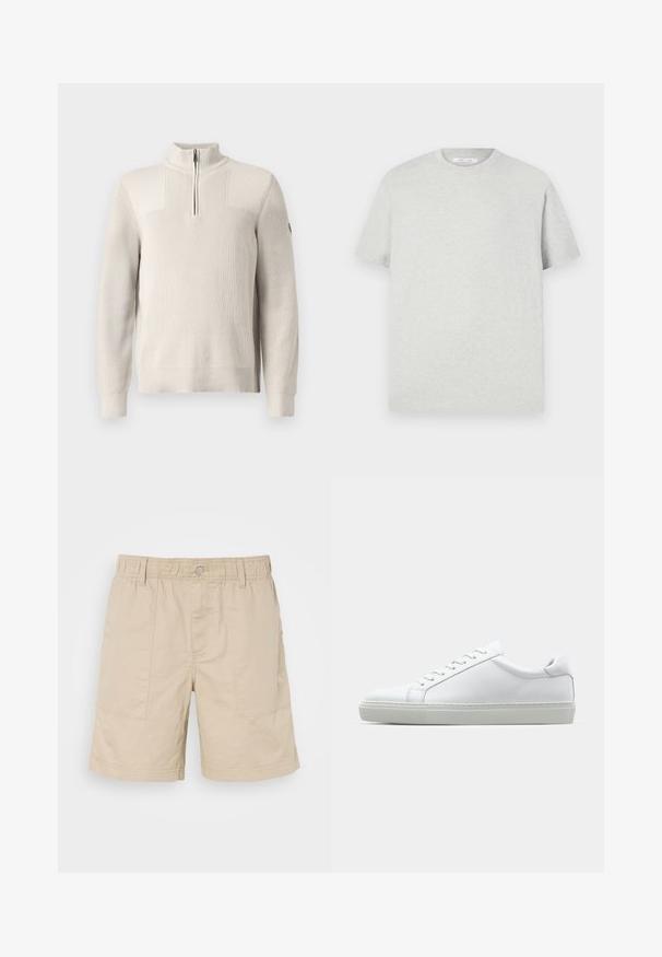 Gaiši bežs adīts pulovers ar ceturtdaļas rāvējslēdzēju, ribotām apkaklēm, aprocēm un apakšmalu, ar nelielu uzšuvumu kreisajā piedurknē.; Gai pelēks īsām piedurknēm T-krekls, izgatavots no mīksta materiāla, ar apaļu kakla izgriezumu un brīvu piegriezumu, bez redzamām rakstām vai akcentiem.; Beige kokvilnas šorti ar elastīgu jostu, priekšējo pogu un divām sānu kabatām. Iezīmējas ar smalku šuvumu un mazu logotipu sānos.; Baltie sporta apavi ar gludu ādas virsu un zemu profilu. Iezīmējas ar noapaļotu purngalu, sešām acīm un teksturētu gumijas zoli.