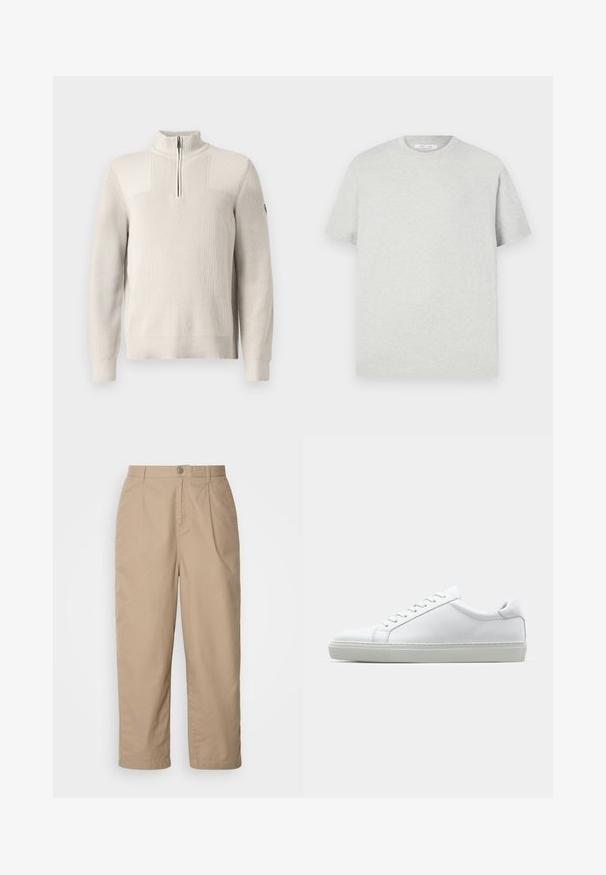Svijetlosmeđi pleteni pulover s četvrtim patentnim zatvaračem, rebrastim ovratnikom, manžetama i donjim rubom, na kojem se nalazi mala oznaka na lijevom rukavu.; Svijetlo siva majica s kratkim rukavima izrađena od mekog materijala, s okruglim izrezom i opuštenim krojem bez vidljivih uzoraka ili aksesoara.; Bež, lagane pamučne hlače s nabranim prednjim dijelom, zatvaranjem na dugme i ravnim nogavicama, s glatkom teksturom i bez vidljivih uzoraka.; Bijela tenisica s glatkim kožnim gornjim dijelom i niskim profilom. Ima zaobljen vrh, šest rupica za vezanje i teksturiranu gumenu podlogu.