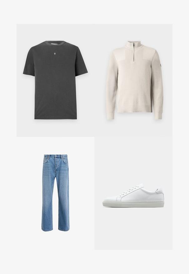 Hellbeige gestrickter Pullover mit einem Viertelreißverschluss, geripptem Kragen, Bündchen und Saum, mit einem kleinen Patch am linken Ärmel.; Dunkelgraues Baumwoll-T-Shirt mit rundem Halsausschnitt und kurzen Ärmeln; verfügt über ein kleines, zentriertes Logo in Weiß auf der Brust.; Helle blaue Jeans im Geradeschnitt-Design, mit fünf Taschen, Knopfverschluss, minimaler Ausbleichung und kontrastierenden Nähdetails.; Weißer Sneaker mit glattem Lederobermaterial und niedrigem Profil. Verfügt über eine runde Zehenpartie, sechs Ösen und eine strukturierte Gummisohle.