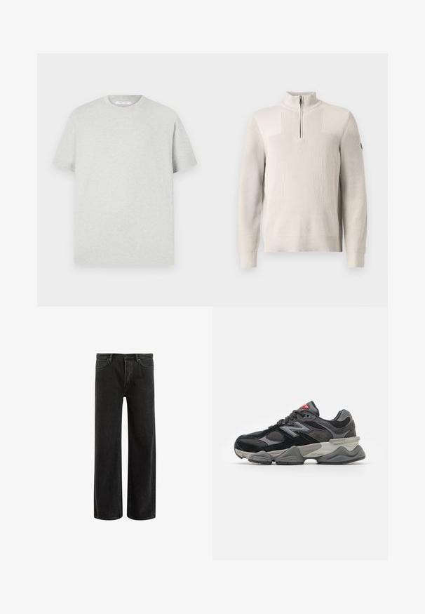 Pullover lavorato a maglia beige chiaro con zip a un quarto, colletto, polsini e orlo a costine, con un piccolo patch sulla manica sinistra.; T-shirt grigio chiaro a maniche corte realizzato in materiale morbido, con collo rotondo e vestibilità comoda, privo di motivi o accenti visibili.; Jeans wide-leg in denim nero con vita alta, caratterizzati da un classico design a cinque tasche e da un leggero sbiadimento per un aspetto testurizzato.; Sneaker nera e grigia con un mix di materiali in suede e mesh, suola spessa, logo prominente e accento rosso sulla linguetta.