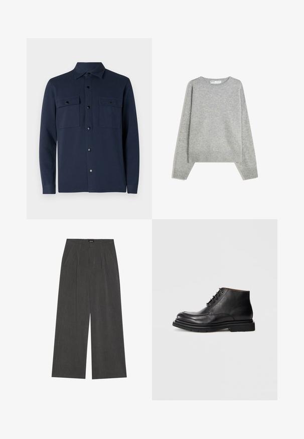 Gray knit sweater with a crew neckline, ribbed cuffs and hem, featuring a relaxed fit and soft texture.; Navy button-up shirt made of soft fabric, featuring two chest pockets, a pointed collar, and a straight hem. No patterns or accents visible.; Wide-leg trousers in dark grey fabric, featuring a pleated front, two side pockets, and a flat waistband. Smooth texture and tailored design.; Black leather ankle boot with lace-up closure, rounded toe, and thick rubber sole against a plain white background.