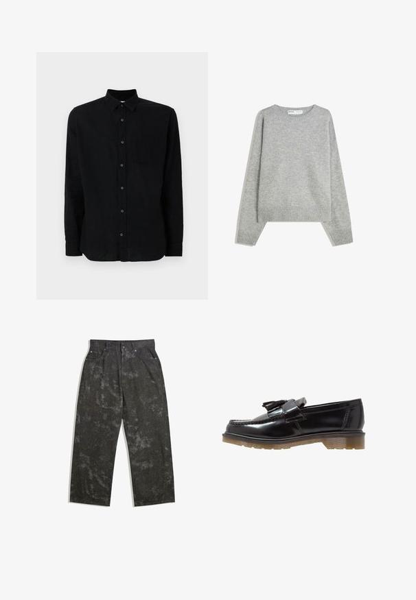 Grijze gebreide trui met een ronde halslijn, geribbelde manchetten en zoom, met een relaxed fit en een zachte textuur.; Zwart langwerpig shirt met lange mouwen, gemaakt van gestructureerde stof, met een knopenlijst aan de voorkant, een enkele borstzak en een klassieke kraag.; Donkergrijze denim broek met een losse pasvorm, voorzien van subtiele gemarmerde patronen en metalen hardware accenten. Vijfzakkenontwerp.; Zwarte patenten leren instappers met een gevlochten ontwerp, franjeraccent en een chunky, gestructureerde rubberen zool. De zijaanzicht benadrukt de slanke silhouette.