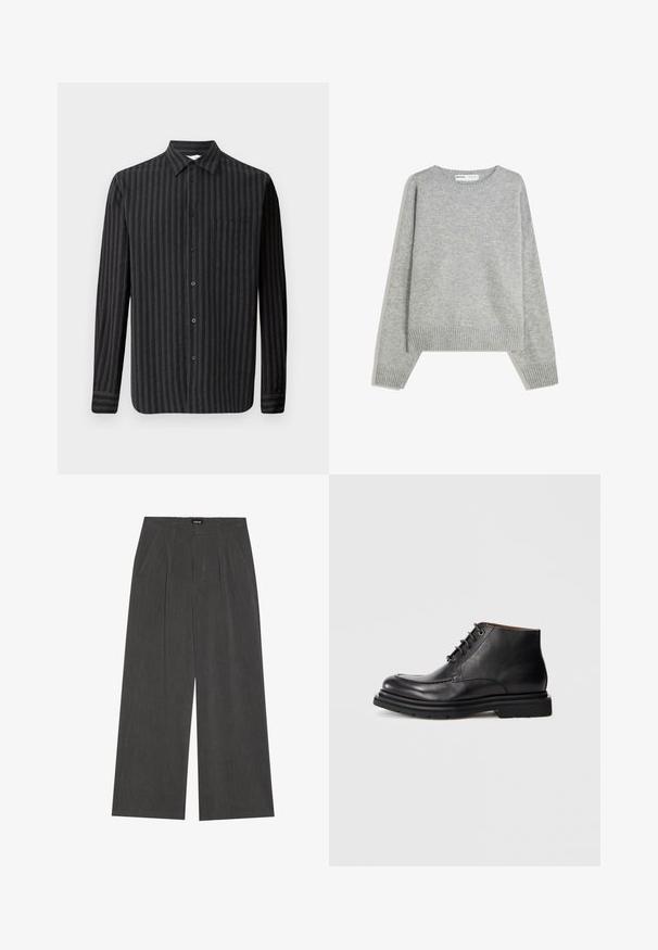 Pulover gri tricotat cu guler rotund, manșete și tiv ribbed, având o croială relaxată și o textură moale.; Samsøe Samsøe LIAM SHIRT - Cămașă - castor gray; Pantaloni largi din țesătură gri închis, cu un față pliată, două buzunare laterale și un braț plat. Textură netedă și design croit.; Botină neagră din piele, cu șireturi, vârf rotunjit și talpă groasă din cauciuc, pe un fundal alb simplu.