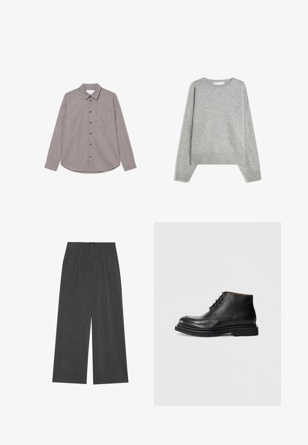 Grijze gebreide trui met een ronde halslijn, geribbelde manchetten en zoom, met een relaxed fit en een zachte textuur.; Overshirt met lange mouwen in een bruine en beige ruitpatroon. Heeft een kraag, een borstzak en zwarte knopen aan de voorkant.; Wijde broek in donkergrijs stof, met een geplooide voorkant, twee zijzakken en een vlakke tailleband. Glad oppervlak en gepaste ontwerpelementen.; Zwarte leren enkellaars met vetersluiting, ronde neus en dikke rubberen zool tegen een effen witte achtergrond.