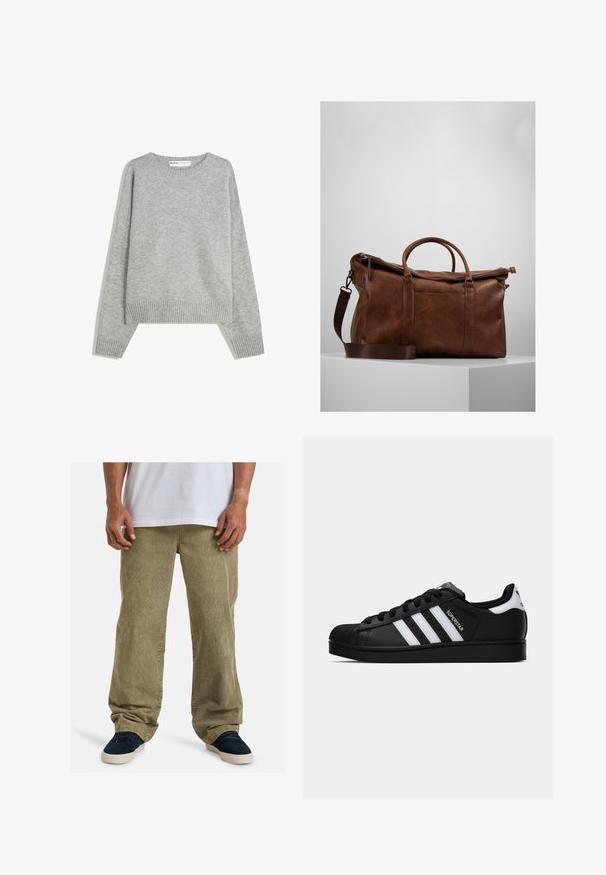 Grå strikket sweater med rund halsudskæring, ribbede manchetter og kant, med en afslappet pasform og blød tekstur.; Olivenfarvede kordfløjlsbukser med en afslappet pasform, der har lige ben, sidelommer og synlig tekstur fra rillet stof.; Sort Adidas Superstar sneaker med hvide striber, skaletå og "Superstar"-tekst på siden, vist i sideprofil på hvid baggrund.; Brun læder gymtaske med lynlåslukning, dobbelte håndtag, justerbar skulderrem og synlige teksturmønstre på overfladen.