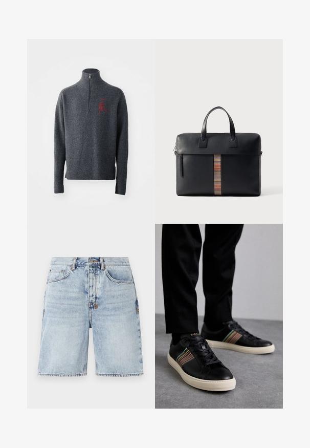 Grå ulltröja med hög krage och halvmatch. Har röd broderad detalj på bröstet samt ribbade muddar och fåll.; Ljust blå denimshorts med rak passform, fem fickor och kontrasterande sömmar. Rå kant i botten. Förtvättad textur.; Svart lädersneakers med flerfärgade randiga detaljer, rund tå och vita gummisulor, som har snörningsdesign och ultragruvade logotyp.; Paul Smith BAG FOLIO UNISEX - Portfölj - black