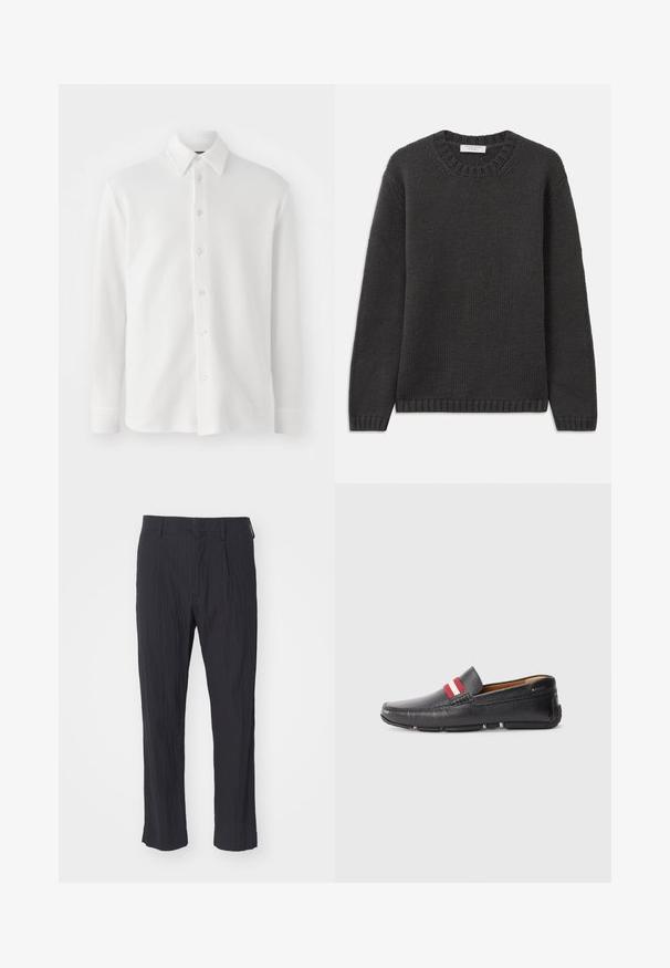 Maglione lavorato a maglia grigio scuro con scollatura a girocollo, polsini e orlo a costine. Il tessuto presenta un aspetto texturizzato con una vestibilità regolare.; Camicia bianca con bottoni in tessuto testurizzato. Presenta un colletto classico, maniche lunghe e sei bottoni frontali. Design morbido e leggero.; Pantaloni neri plissettati con tessuto testurizzato, caratterizzati da un design a gamba dritta e una vita standard. Senza tasche visibili o componenti metallici.; Scarpa nera in pelle slip-on con superficie testurizzata, accento a righe rosse e bianche sulla parte superiore, punta rotonda e suola in gomma.