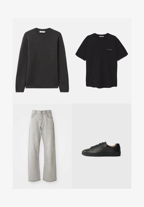 Pulover tricotat de culoare gri închis, cu guler rotund, manșete și tiv cu nervuri. Țesătura are un aspect texturat și are o croială regulară.; Tricou din bumbac negru, cu guler rotund, mâneci scurte și un imprimeu alb cu logo pe partea stângă a pieptului. Design simplu, de culoare uniformă.; Jeansi largi de culoare gri deschis, din denim. Caracteristici design clasic cu cinci buzunare, închidere cu nasture și ușoară decolorare a materialului.; Sneaker din piele neagră, cu călcâi jos, având o suprafață texturată, șireturi negre și un toc gros din cauciuc, prezentat din lateral pe un fundal deschis.