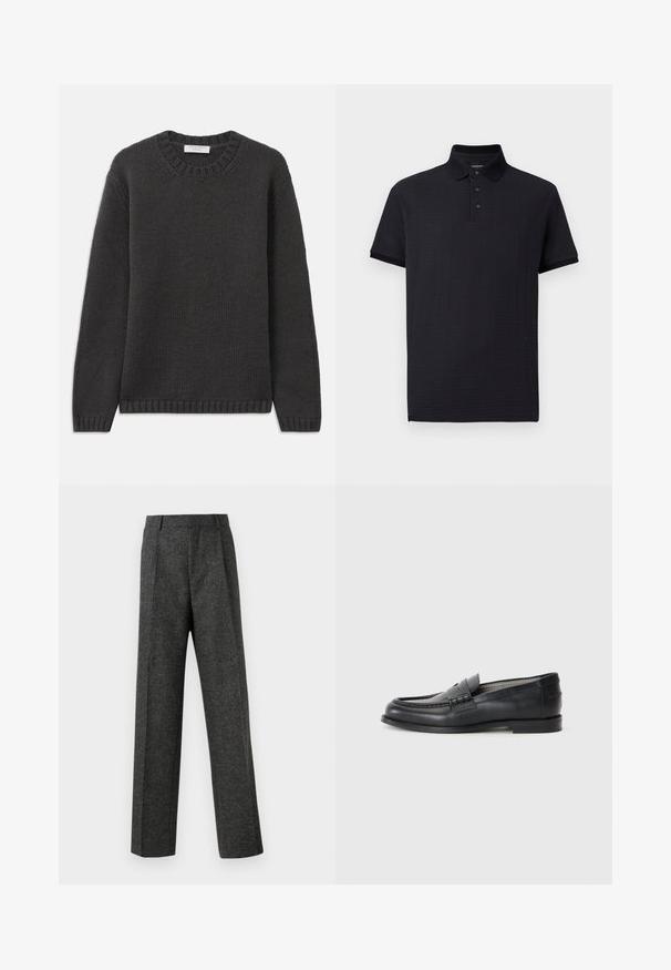 Tamno siva pletiva s rundastim izrezom, rebrastim manžetama i donjim rubom. Tkanina ima teksturirani izgled i regularni kroj.; Crna polo majica s teksturalnim uzorkom, pladanj sa tri gumba i klasičnim ovratnikom. Kratki rukavi i ravni rub. Mekani materijal.; Sive prilagođene hlače od teksturiranog materijala, s dva prednja nabora i ravnim krojem. Nema vidljivih džepova ili ukrasa.; Crne kožne loferice s glatkom završnom obradom, zaobljenim vrhom, dekorativnom trakom i minimalističkim dizajnom. Imaju nisku blok petu.
