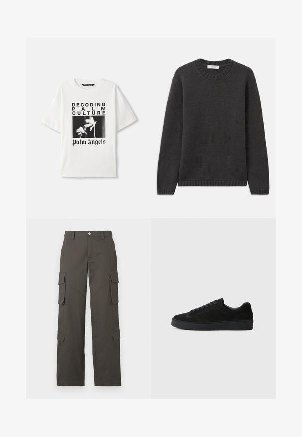 Tummanharmaa neulepusero, jossa on pyöreä pääntie, ribbireunat hihansuissa ja helmassa. Kankaan pinta on tekstuuri, ja pusero on normaali istuvuudeltaan.; Valkoinen puuvillapaita, jossa on musta graafinen painatus palmuista, "DECODING PALM CULTURE" ja "Palm Angels" paksuilla kirjaimilla.; Tummanharmaat suorat cargo-housut, joissa napitus ja neljä läpällistä taskua, kaksi reiden kohdalla ja kaksi lähellä sääriä.; Musta mokkanahkainen lenkkari, jossa on litteä, teksturoitu pohja, pyöreä kärki, kuusi rei'itystä nauhoille ja minimalistinen muotoilu.