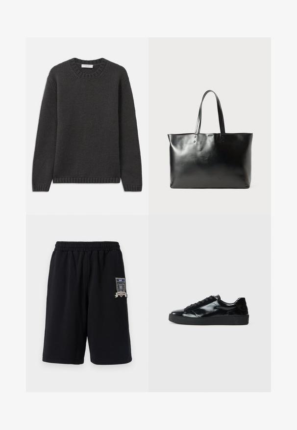 Tamno siva pletiva s rundastim izrezom, rebrastim manžetama i donjim rubom. Tkanina ima teksturirani izgled i regularni kroj.; Crne pamučne kratke hlače s elastičnom trakom, bočnim džepovima i dekorativnom aplikacijom s natpisom "Ljubav i pravda" na lijevoj nozi.; Crne patent kožne tenisice s zaobljenim vrhom, vezanjem, teksturiranom gumiranom potplatom i glatkom završnom obradom.; Crna glatka kožna torba za rame s dva držača, pravokutnog oblika, s suptilnim detaljima šivanja na bijeloj pozadini.