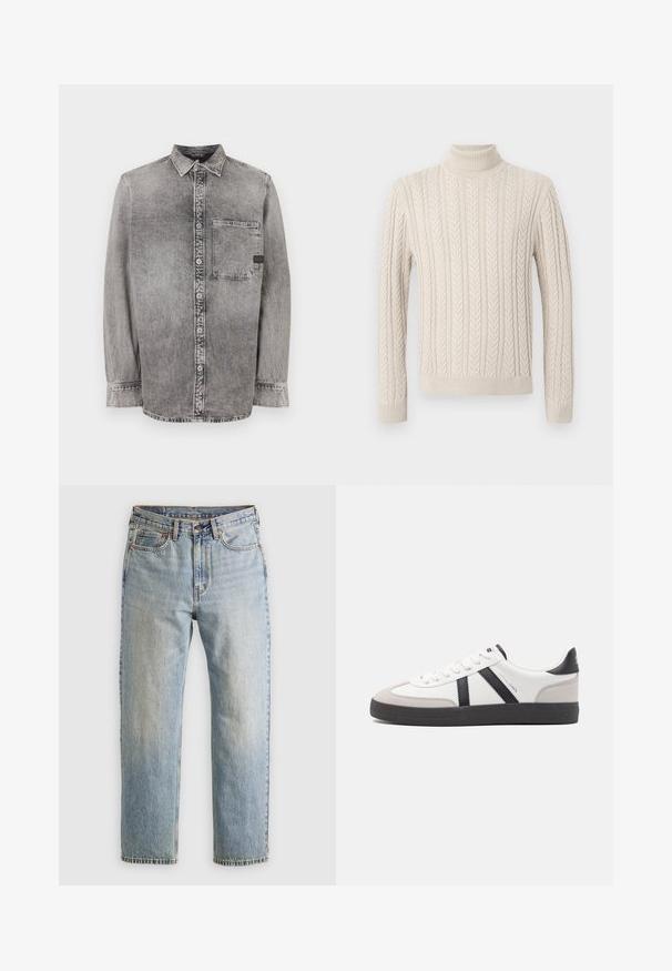 Pulover bej, tricotat, cu guler înalt, cu nervuri. Prezentând un model texturat de cabluri și manșete și tiv cu nervuri, oferind un aspect confortabil.; Cămașă din denim gri, cu nasturi, mâneci lungi, material de greutate medie, cu un singur buzunar pe piept, finisaj decolorat cu nasturi contrastanți, guler clasic.; Jeans din denim de culoare albastru deschis, cu talie înaltă, nasture frontal, fermoar și design cu cinci buzunare, așezate platesc pe un fundal neutru.; Sneaker alb cu accente negre și gri, având un capac de vârf gri texturat, talpă din cauciuc negru și șireturi plate albe. Design elegant, stil minimalist.
