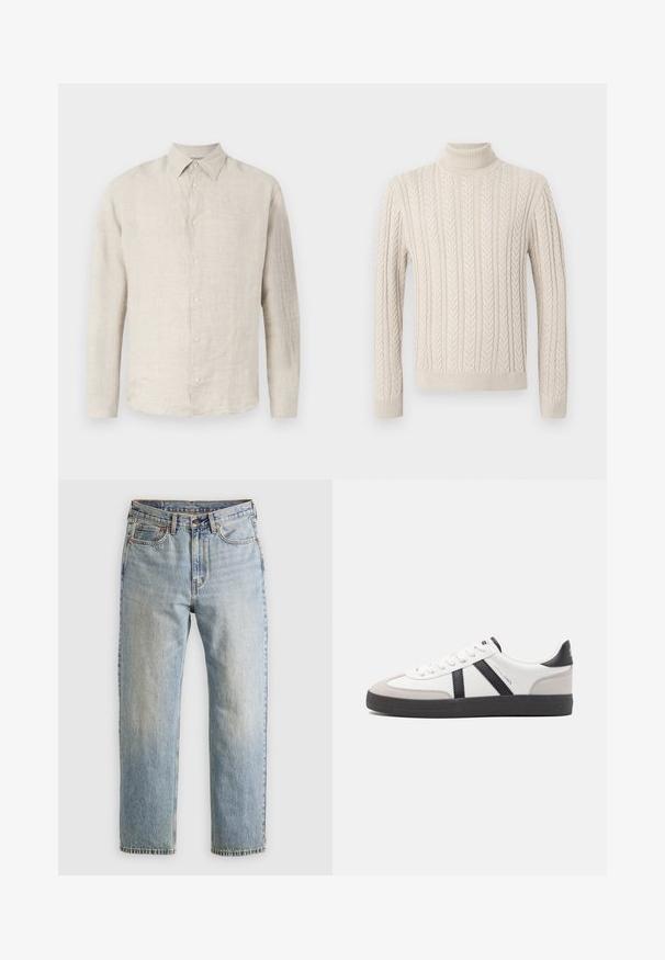 Beige, gestrickter Pullover mit hohem, geripptem Rollkragen. Er verfügt über ein strukturiertes Zopfmuster sowie gerippte Bündchen und Saum, was ein gemütliches Erscheinungsbild bietet.; Helles beiges Leinenhemd mit spitzem Kragen, langen Ärmeln und subtiler Textur; verfügt über sechs passende Knöpfe auf der Vorderseite.; Helle blaue Jeans mit hoher Taille, Frontknopf, Reißverschluss und fünf Taschen-Design, flach auf einem neutralen Hintergrund ausgelegt.; Weiße Sneaker mit schwarz- und grau-aczenten, ausgestattet mit einer strukturierten grauen Zehenkappe, schwarzer Gummi-Sohle und flachen weißen Schnürsenkeln. Sauberes Design, minimalistische Stil.