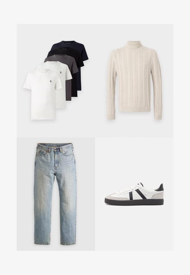Maglione beige lavorato a maglia con un alto collo a costine. Presenta un motivo a treccia testurizzato e polsini e orlo a coste, offrendo un aspetto accogliente.; Cinque t-shirt a manica corta in cotone, nei colori bianco, grigio chiaro, grigio scuro, blu navy e nero, con un piccolo logo sul petto.; Jeans in denim azzurro chiaro con vita alta, bottone anteriore, cerniera e design a cinque tasche, adagiati su uno sfondo neutro.; Sneaker bianco con accenti neri e grigi, dotata di una punta grigia testurizzata, suola in gomma nera e lacci bianchi piatti. Design pulito, stile minimalista.