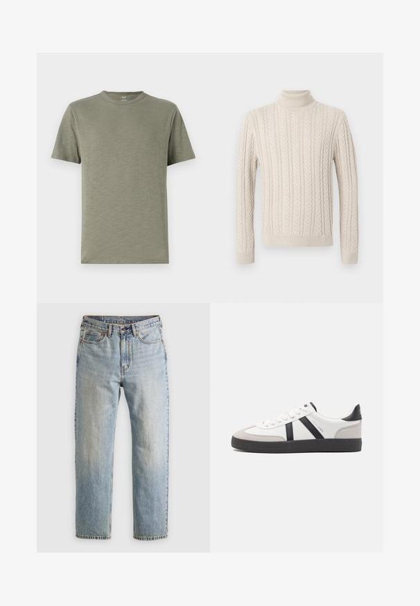Beige, gebreide trui met een hoge, geribde col. Voorzien van een gestructureerd kabelpatroon en geribde manchetten en zoom, wat een gezellige uitstraling geeft.; Olijfgroene katoenen T-shirt met een ronde hals, korte mouwen en een zachte, gladde textuur. Eenvoudig ontwerp zonder patronen of accenten.; Lichtblauwe denim jeans met hoge taille, frontknop, rits en vijfzakkenontwerp, plat gelegd op een neutrale achtergrond.; Witte sneaker met zwarte en grijze accenten, voorzien van een grijze neus met textuur, zwarte rubberen zool en platte witte veters. Schoon ontwerp, minimalistische stijl.