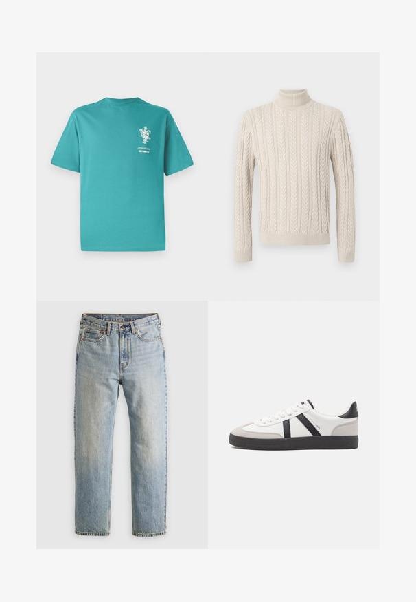 Šviesiai ruda, megzta palaidinė su aukštu, raukšlėtu golfu. Pasižymi tekstūriniu kabelio raštu ir raukšlėtomis rankogaliais bei apačia, suteikiančia jaukų išvaizdą.; Turkio blizgantis medvilnės t-shirt'as su trumpomis rankovėmis, apvaliu iškirpimu ir priekinio grafikos atspaudu su gėlėmis ir tekstu. Lygus paviršius, laisvas kirpimas.; Šviesiai mėlynos džinsinės kelnės su aukštu liemeniu, priekyje mygtukas, užtrauktukas ir penkių kišenių dizainas, išklotos ant neutralios fono.; Balti sportbačiai su juodais ir pilkais akcentais, pasižymintys tekstūruotu pilku pirštų dangteliu, juoda gumine padais ir plokščiomis baltomis raišteliais. Švarus dizainas, minimalistinis stilius.