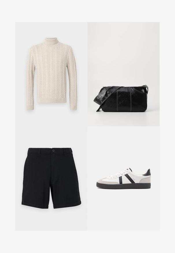 Bež, pleteni pulover z visokim, rebrastim ovratnikom. Ima teksturiran kabelski vzorec ter rebraste manšete in spodnji rob, kar daje prijeten videz.; Črne bombažne kratke hlače z gumbom za zapiranje, stranskimi žepi in ravnim krojem. Tkanina ima gladko teksturo in preprost zaključek.; Bela športna obutev z črnimi in sivo akcenti, z teksturirano sivo kapico za prste, črnim gumijastim podplatom in ravnimi belimi vezalkami. Čista zasnova, minimalistični slog.; Črna usnjena torba za ramo z zadrgo, ki ima teksturirano telo, belo šivanje in trak s srebrnimi luknjami.