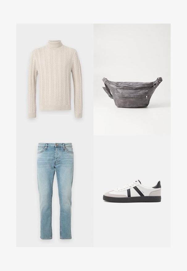 Pulover bej, tricotat, cu guler înalt, cu nervuri. Prezentând un model texturat de cabluri și manșete și tiv cu nervuri, oferind un aspect confortabil.; Jeans din denim de un albastru deschis, cu o croială dreaptă, design cu cinci buzunare și decolorare subtilă. Închidere cu nasture la talie, finisaj curat la tivuri.; Sneaker alb cu accente negre și gri, având un capac de vârf gri texturat, talpă din cauciuc negru și șireturi plate albe. Design elegant, stil minimalist.; Borseta gri din suede, cu o formă rotunjită, două compartimente cu fermoar și curea ajustabilă. Are accente din metal.