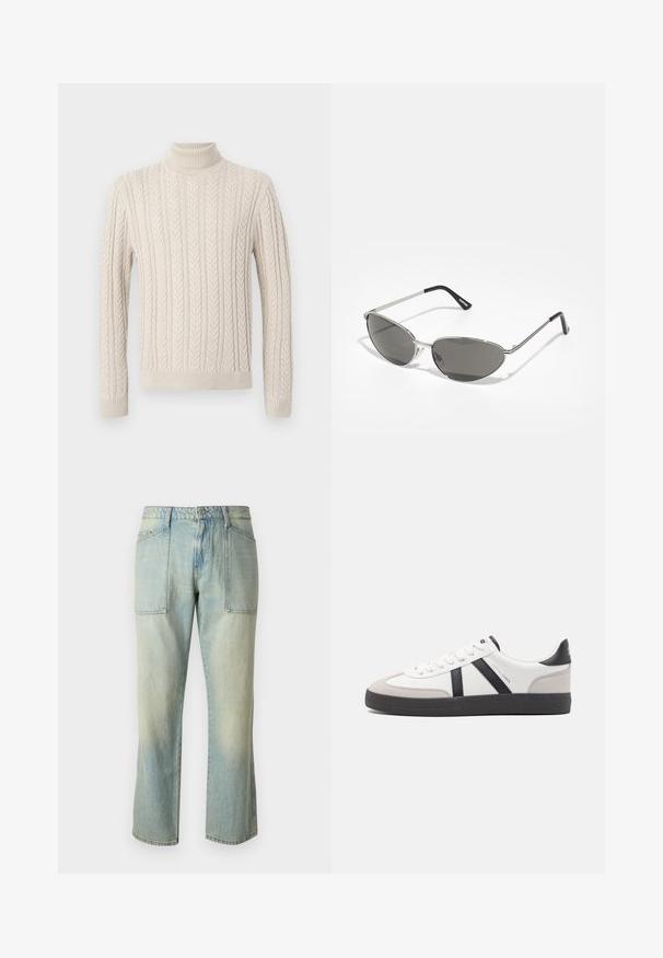 Beige pletený svetr s vysokým, vroubkovaným rolákem. Obsahuje texturovaný kabelkový vzor a vroubkované manžety a lem, což mu dodává útulný vzhled.; Světle modré džíny s rovnou nohavicí, viditelným švem a dvěma velkými předními kapsami. Tkanina má vybledlý povrch.; Bílé tenisky s černými a šedými akcenty, opatřené texturovaným šedým prstovým krytem, černou gumovou podrážkou a plochými bílými tkaničkami. Čistý design, minimalistický styl.; Sluneční brýle s elegantním stříbrným kovovým rámem, šedými tónovanými skly a aerodynamickým designem s ostrými hranami a tenkými nožičkami.