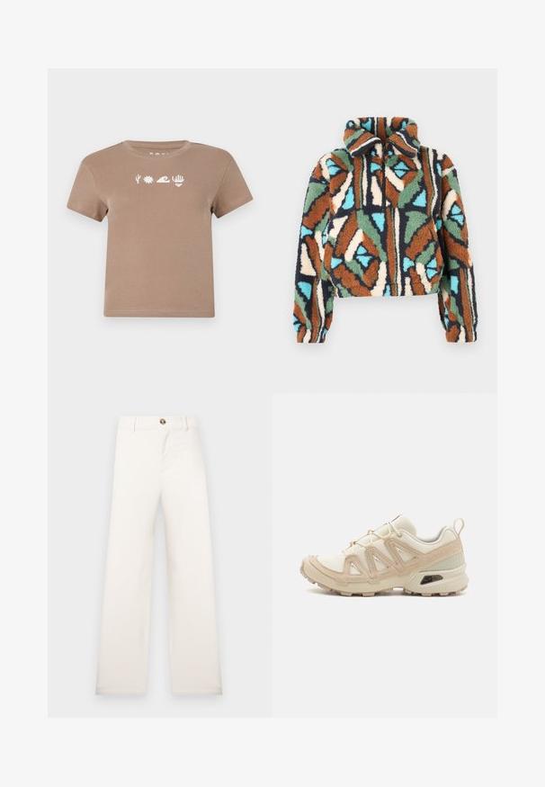 Bolyhos cipzáras dzseki geometriai mintával, barna, zöld, kék és krémszín árnyalataiban. Galléros kialakítás, rugalmas mandzsettákkal.; Barna pamut póló kerek nyakkal. Fehér grafikai elemekkel rendelkezik: egy kaktusz, nap, hullám, kéz és szív. Rövid ujjú.; Széles szárú, bézs színű nadrág texturált anyagból. Elöl gombos záródással és övtartókkal rendelkezik. Egyszerű, letisztult design, minták nélkül.; Beige és krém színű sportcipő, texturált hálós felsőrésszel, támogató burkolattal és gumitalppal, amely tapadás érdekében bordázott mintázattal rendelkezik.