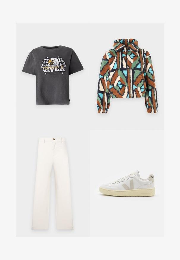 Giacca con zip in tessuto peloso con motivo geometrico in tonalità di marrone, verde, blu e crema. Design con colletto e polsini elasticizzati.; T-shirt grigio in cotone con maniche corte, caratterizzato da una grafica di un'aquila e bandiere a scacchi. Il design include il testo "RVCA" e uno slogan sottostante.; Pantaloni beige a gamba larga realizzati in tessuto strutturato. Presentano una chiusura frontale con bottoni e passanti per cintura. Design semplice e pulito senza motivi.; Sneaker in pelle bianca con dettagli in suede beige, punta perforata, lacci piatti e suola testurizzata color crema. Presenta un logo discreto sul tallone.
