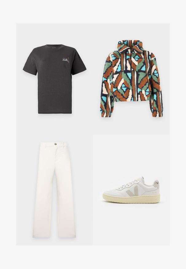 Pluizige jas met ritssluiting, voorzien van een geometrisch patroon in tinten bruin, groen, blauw en crème. Ontwerp met kraag en elastische manchetten.; Grijze katoenen t-shirt met korte mouwen. Heeft een klein multicolored geborduurd ontwerp op de borst met de tekst "Billing." Klassieke pasvorm.; Beige, wijde broek gemaakt van een textuurstof. Voorzien van een sluiting met knopen aan de voorkant en riemlussen. Eenvoudig en strak ontwerp zonder patronen.; Witte leren sneaker met beige suède accenten, geperforeerde neus, platte veters en een gestructureerde crèmekleurige zool. Heeft subtiele branding op de hak.