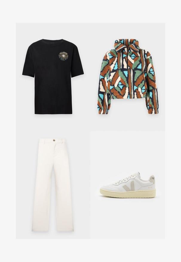Pluizige jas met ritssluiting, voorzien van een geometrisch patroon in tinten bruin, groen, blauw en crème. Ontwerp met kraag en elastische manchetten.; Zwart T-shirt met korte mouwen, gemaakt van zachte katoen. Heeft een kleurrijke grafische print op de borst met de tekst "BULLDOGS". Klassieke ronde hals.; Beige, wijde broek gemaakt van een textuurstof. Voorzien van een sluiting met knopen aan de voorkant en riemlussen. Eenvoudig en strak ontwerp zonder patronen.; Witte leren sneaker met beige suède accenten, geperforeerde neus, platte veters en een gestructureerde crèmekleurige zool. Heeft subtiele branding op de hak.
