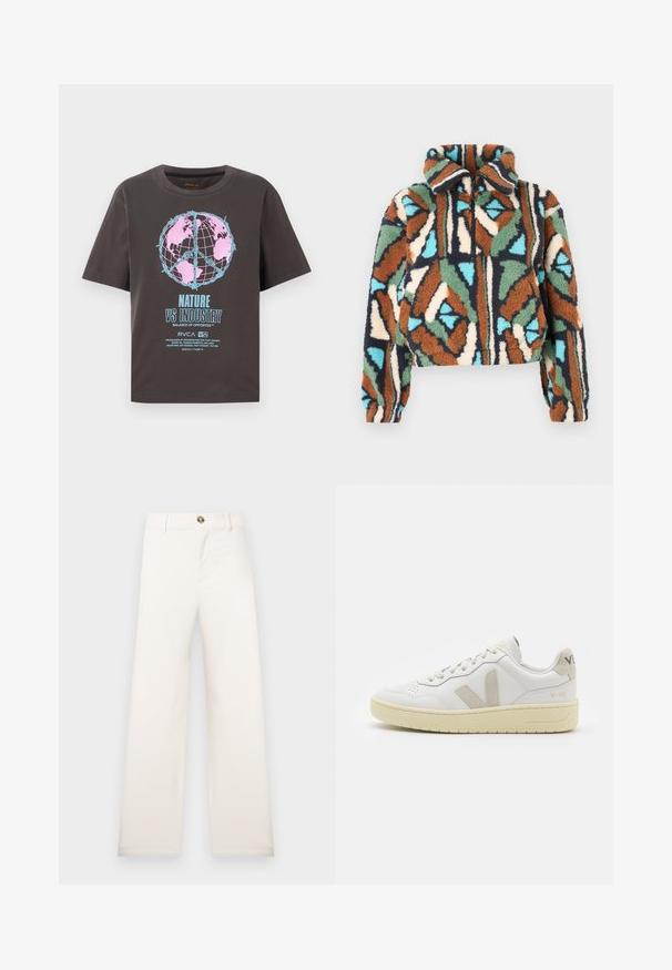 Veste à fermeture éclair en tissu duveteux avec un motif géométrique dans des nuances de marron, vert, bleu et crème. Design à col avec poignets élastiqués.; T-shirt gris foncé à manches courtes, arborant un design de globe coloré en rose et bleu, avec le texte "NATURE VS INDUSTRY" en gras.; Pantalon beige à jambe large en tissu texturé. Comprend une fermeture à boutons à l'avant et des passants pour ceinture. Design simple et épuré sans motifs.; Baskets blanches en cuir avec des accents en daim beige, boîte à orteils perforée, lacets plats et semelle texturée crème. Présente un logo discret au talon.