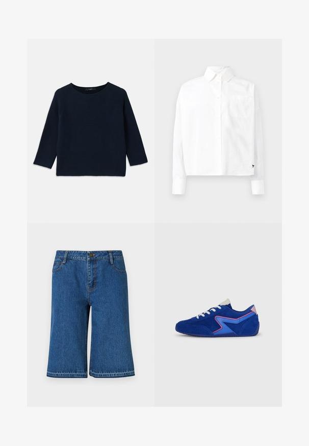 Navy blue knit sweater with a round neckline and three-quarter raglan sleeves. Features a textured pattern and raw hem details.; White long-sleeve button-up shirt with a pointed collar, single chest pocket, and cuffed sleeves. Made of smooth, lightweight fabric.; Blue denim shorts with a straight cut, featuring a waistband, five pockets, and subtle stitching details along the seams.; Suede sneakers featuring a vibrant blue color with pink and blue accents. Rounded toe, lace-up closure, and textured rubber sole.