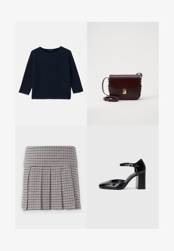 Maglione a maglia blu navy con scollo rotondo e maniche raglan a tre quarti. Presenta un motivo testurizzato e dettagli con orlo grezzo.; Gonna plissettata con un motivo a quadri nei toni marrone, beige e blu. Realizzata in un tessuto texturizzato con una vita aderente e pieghe decorative.; Scarpe col tacco alto in pelle verniciata nera con punta quadrata, cinturino alla caviglia e tacco chunky. Include dettagli perforati lungo il bordo.; Borsa in pelle marrone con chiusura a patta, accessori in metallo dorato e una tracolla regolabile. Presenta una texture liscia e una forma rettangolare elegante.