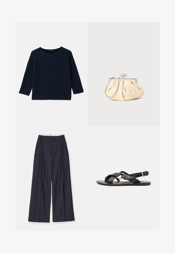 Pulover tricotat de culoare bleumarin, cu decolteu rotund și mâneci raglan de lungime trei sferturi. Prezintă un model texturat și detalii cu margini nefinisate.; Victoria Beckham WIDE LEG TROUSER - Pantaloni - midnight; Sandale negre din piele, cu curele încrucișate și un accent circular de ton aurit. Talpă plată cu închidere tip cataramă la gleznă.; Clutch din piele plisată bej, cu un cadru din metal argintiu, având două închideri decorative rotunde și o curea din lanț argintiu.