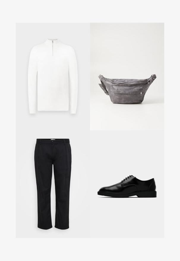 White zip-neck sweater with long sleeves, made from a smooth fabric. Features a minimalist design and ribbed cuffs and hem.; Jack & Jones JPSTBILL WILLIAM WORKER - Trousers - black; Black leather dress shoe with a smooth finish, rounded toe, lace-up design, and understated rubber sole for traction.; Gray suede fanny pack with a rounded shape, two zippered compartments, and adjustable strap. Features metal hardware accents.
