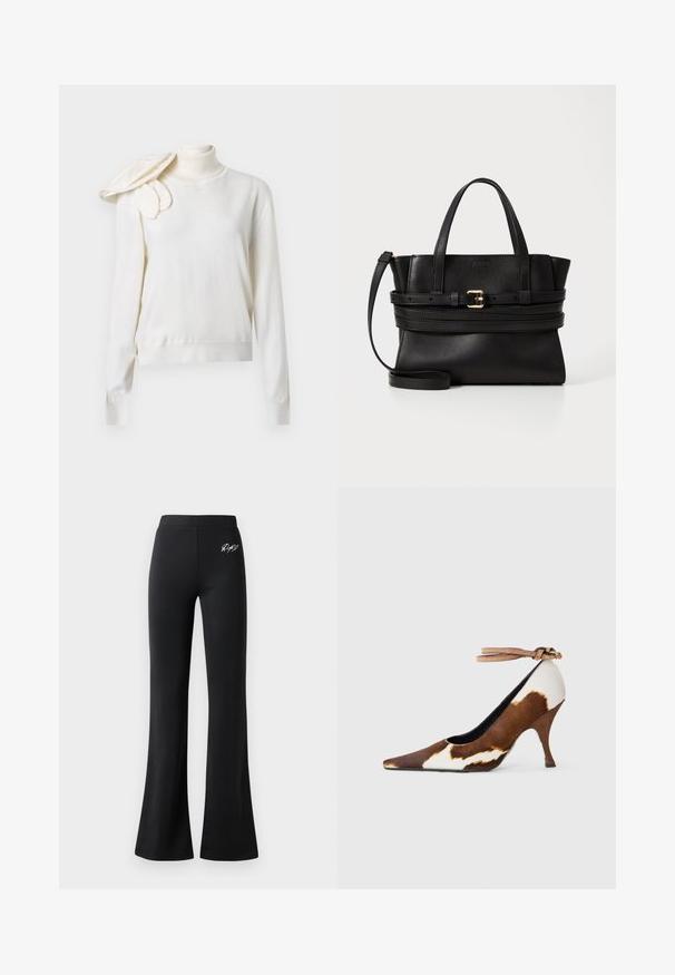 Krämfärgad polokrage med figursydd kropp, långa ärmar och en dekorativ draperad detalj på vänster axel. Slät textur.; Svarta utsvängda byxor tillverkade av ett slätt tyg. Har ett elastiskt midjeband och en liten vit logotyp på höften. Enkelt design, inga synliga mönster.; Brun och vit kossa mönster högklackad sko med spetsig tå, texturerad yta och en ankelrem med ett ljusbrunt spänne.; Svart läderhandväska med strukturerad design, dubbla handtag på toppen, avtagbar rem och guldspänne som accent på en horisontell rem.