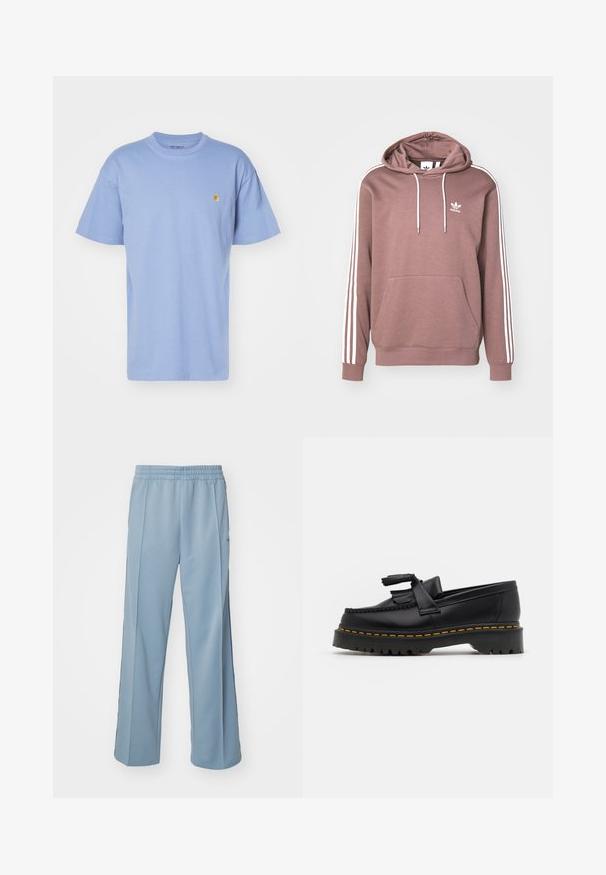 Hættetrøje i dæmpet mauve med hvide striber på ærmerne. Har frontlomme og snoretræk. Adidas-logo vist på brystet.; Lys blå bomulds T-shirt med rund hals og korte ærmer. Har et lille gult logo på venstre bryst. Blød tekstur, almindelig pasform.; Carhartt WIP BOLAN PANT - Træningsbukser - dusty ice/positano; Sort læderloafer med en frynsedetalje, der har en kraftig sort sål og gul syninger langs kanten. Teksturert overflade.
