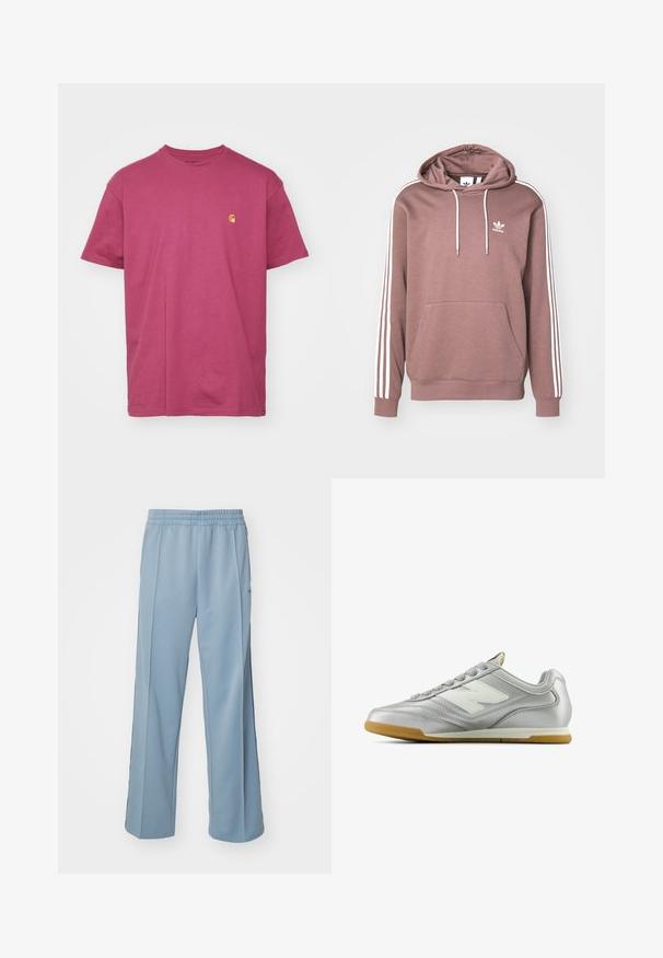 Kapuzensweatshirt in gedämpftem Mauve mit weißen Streifen an den Ärmeln. Mit Fronttasche und Kordelzügen. Adidas-Logo auf der Brust.; Carhartt WIP CHASE - T-Shirt basic - dusty fuchsia/gold; Carhartt WIP BOLAN PANT - Jogginghose - dusty ice/positano; Silberner Sportschuh mit einer glatten, glänzenden Oberfläche, weißem Logo an der Seite, strukturierten grauen Schnürsenkeln und einer Sohle aus Gummi.