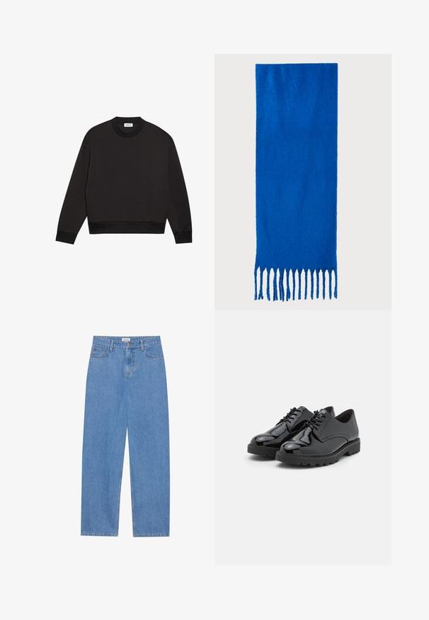 Svart hettegenser laget av teksturert stoff, med rund hals, lange ermer og ribbede mansjetter og nederkant. Minimalistisk design uten mønstre.; Lyseblå denimjeans med rett snitt, fem lomme-design, enkelt knappelukking og subtile sømdetaljer.; Sorte patentlæder sko med rund tå, snørelukning, gummisål med tekstur og subtile stikninger langs siderne.; Blå frynset skjerf laget av myk stoff; har en ensfarget overflate med en teksturert overflate og jevnt klipte frynser nederst.; Blå frynset skjerf laget av myk stoff; har en ensfarget overflate med en teksturert overflate og jevnt klipte frynser nederst.