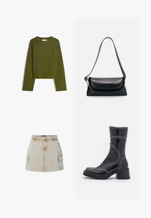 Olivgrüner Strickpullover mit Rundhalsausschnitt, langen Ärmeln und geripptem Saum. Verfügt über ein kurzes Design mit einer weichen, strukturierten Oberfläche.; Beige Denimrock mit fransigem Saum, zwei seitlichen Taschen und klassischer Knopfleiste. Der Stoff hat eine leicht strukturierte Oberfläche.; Schwarze Lackleder-Ankle Boots mit weißen Nähten, abgerundeter Zehe und Blockabsatz. Besitzt geschwungene Designlinien und eine glatte Textur.; Schwarze Lederhandtasche mit strukturiertem Design, glatter Textur und einem einzelnen Schulterriemen. Verfügt über ein dezentes, abgerundetes Klappendesign.