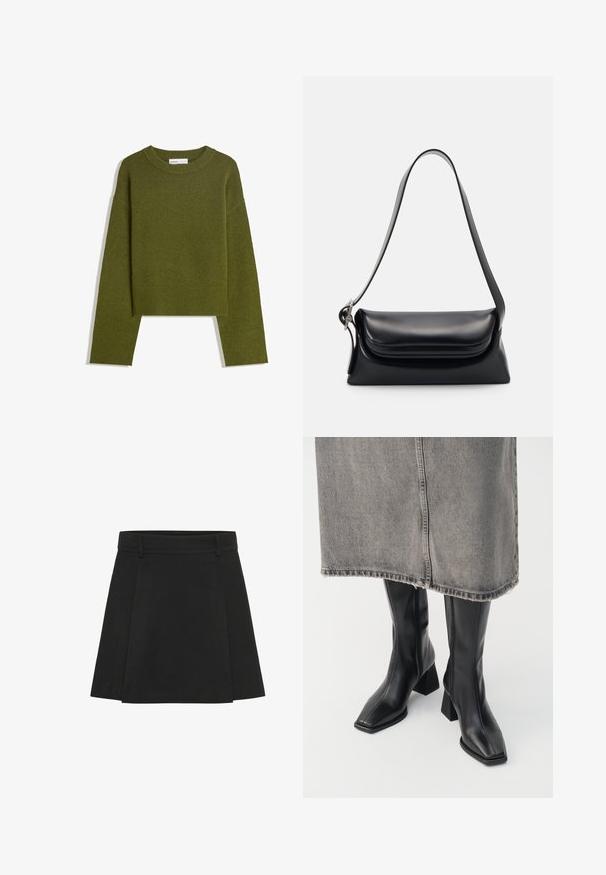 Olivově zelený pletený svetr s kulatým výstřihem, dlouhými rukávy a žebrovaným lemem. Má zkrácený střih a měkký, texturovaný povrch.; Černá plisovaná sukně se strukturovaným pasem. Vyrobena z texturované látky, má výrazné faldy a rovný lem.; Černé kozačky do půli stehen z hladké kůže se čtveratou špičkou a blokovým podpatkem. Nosené s šedou džínovou sukní s třepeným lemem.; Černá kožená kabelka se strukturovaným tvarem, hladkým povrchem a jedním ramenním popruhem. Obsahuje jemně zaoblený design klopy.