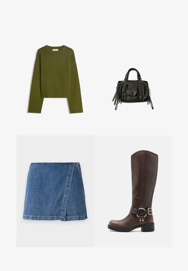 Olivenfarvet strikket sweater med rund hals, lange ærmer og ribbet kant. Har et cropped design med en blød, struktureret overflade.; Denimskørt i en mellemblå farve med en omslagdesign, der har synlige sømme og en lige kant.; Brune læderknæhøje støvler med en rund metalhardwaredetalje og spænde. Let struktureret overdel, stablet hæl og rund tå-design.; Sort læderhåndtaske med flettede håndtag, lynlåslomme og hængende frynser. Tekstureret overflade med metalnitter og hardware-accenter.