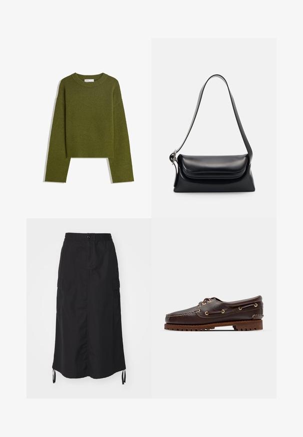 Olivově zelený pletený svetr s kulatým výstřihem, dlouhými rukávy a žebrovaným lemem. Má zkrácený střih a měkký, texturovaný povrch.; Černá mid-length sukně vyrobená z lehkého materiálu. Má elastický pas, zapínání na knoflík a boční kapsy s akcenty na šňůrku.; Hnědé kožené lodní boty se zlatými očky, kulatými tkaničkami a texturovanou hnědou gumovou podrážkou. Obsahují zašitý detail a vyvýšené logo.; Černá kožená kabelka se strukturovaným tvarem, hladkým povrchem a jedním ramenním popruhem. Obsahuje jemně zaoblený design klopy.