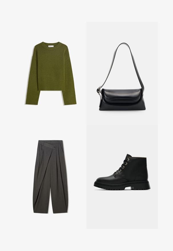 Pulover tricotat de culoare verde măsliniu, cu guler rotund, mâneci lungi și tiv ribotat. Dispune de un croi scurt și are un finisaj moale, texturat.; Pantaloni gri plisati cu talie înaltă, având închidere cu nasture și design larg. Confecționați dintr-un material țesut neted.; Botine negre din piele, cu vârf rotund, cu eyelets aurii și talpă texturată. Prezintă un guler captusit și un logo distinctiv pe lateral.; Geantă de mână din piele neagră cu o formă structurată, o textură netedă și o singură curea de umăr. Are un design subtil cu clapetă rotunjită.