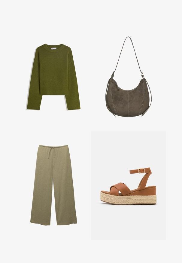 Oliivihreä neulepaita, jossa on pyöreä kaula-aukko, pitkät hihat ja ribattu helma. Sisältää lyhennetyn muotoilun pehmeällä, teksturoidulla pinnalla.; Vaaleanvihreät leveät housut, joissa on teksturoitu ribbikangas, elastinen vyötärö ja nauhakuormitus säädettävää istuvuutta varten.; Ruske platform sandaali, joissa on kudottu juteepohja, leveät ristiremmitykset ja nilkkaremmi kultaisella soljella. Sileä nahkainen pinta.; Ruskea nubukkihobo-laukku, jossa on kaareva muoto, kontrastiväritikkaukset, yksi olkahihna ja vetoketjukiinnitys. Yksinkertainen kangasmateriaali on sileä.