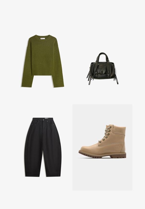 Oliivihreä neulepaita, jossa on pyöreä kaula-aukko, pitkät hihat ja ribattu helma. Sisältää lyhennetyn muotoilun pehmeällä, teksturoidulla pinnalla.; Mustat leveät housut, valmistettu puuvillasta, joissa on korkea vyötärö, viisi taskua ja metallinen napitus. Tasainen pinta ilman näkyviä kuvioita.; Beige nahkahyvät nilkkurit, joissa on pyöristetty kärki, beige nauhat ja voimakkaasti urallinen pohja. Niissä on sivuommelta ja pyöreä logo kantapäässä.; Musta nahkainen käsilaukku letitetuilla kahvoilla, vetoketjullinen tasku ja roikkuvat tupsut. Muotoiltu pinta metallisten niittien ja varusteiden korostuksilla.