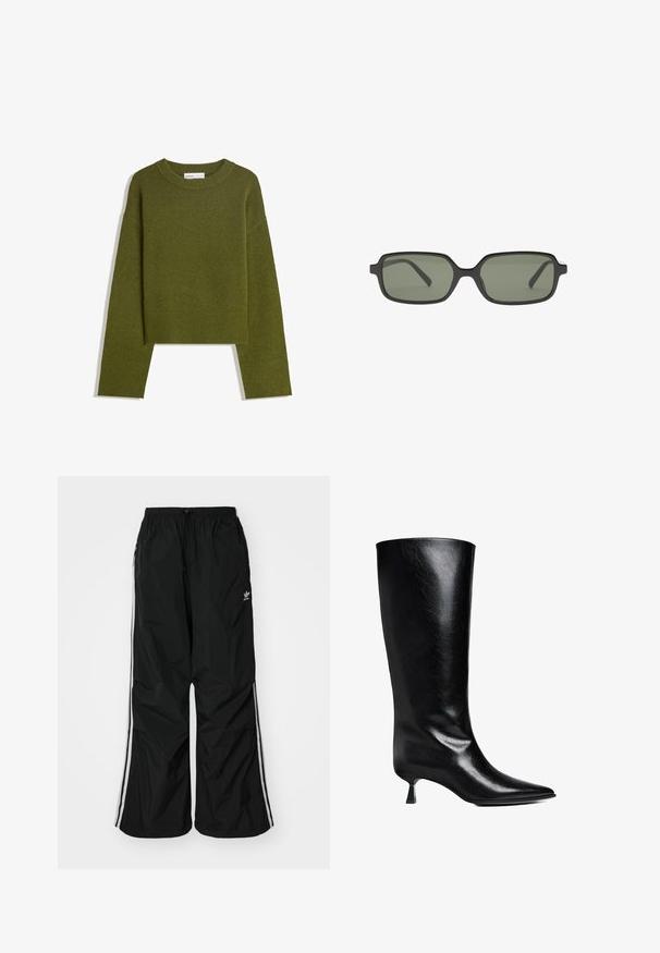 Olivovo zelený pletený sveter s okrúhlym výstrihom, dlhými rukávmi a rebrovaným lemom. Vyznačuje sa skráteným strihom s jemným, textúrovaným povrchom.; Čierne vetrovky nohavice s elastickým pásom, šnúrkou na stiahnutie, bielymi bočnými pruhmi, voľným strihom, s malým logom na ľavej strane.; Čierne kožené vysoké čižmy po kolená s špicatou špičkou, štíhlym siluetou a nízkym blokovým podpätkom s lesklým povrchom.; Čierne obdĺžnikové slnečné okuliare s tmavozelenými šošovkami, ktoré majú plochý dizajn, minimalistické bočné strany a ľahký rám pre pohodlie.