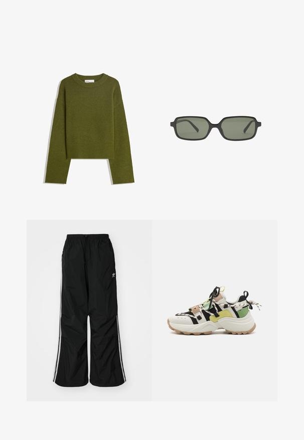 Olive green knitted sweater with a round neck, long sleeves, and ribbed hem. Features a cropped design with a soft, textured finish.; Black windbreaker pants with an elastic waistband, drawstring, white side stripes, loose fit, featuring a small logo on the left side.; Steve Madden TAZMANIA - Trainers - spring green; Black rectangular sunglasses with dark green lenses, featuring a flat design, minimalistic sides, and lightweight frame for comfort.; Beige leather hobo bag with a smooth texture. Features a large open top and a single, wide shoulder strap. Rounded, slouchy shape.